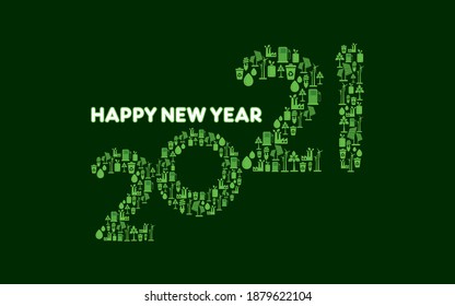 vector illustration of Happy new year 2021 concept design for environmental and eco-friendly, energy saving, ecological recycling. 