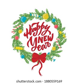 Ilustración vectorial de la inscripción feliz año nuevo para banner, afiche, tarjeta de saludo, recuerdos, diseño de publicidad. Texto caligráfico escrito a mano y corona navideña para web o impresión 