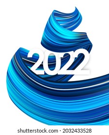 Vector illustration: Happy New Year.  Number of 2022 with twisted blue color paint stroke shape. Trendy design