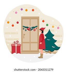 Ilustración vectorial Feliz Año Nuevo 2022. Niña con ropa festiva celebrando Feliz Navidad. Niña de pie en el tribunal frente a la casa de la puerta decorada para las vacaciones de invierno. Costumbre de partido