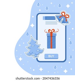 Vector illustration Happy New Year 2022. Celebrating Merry Christmas Sale Online Cell Phone Shopping Purchase Ordering for delivery Gift Christmas tree. Winter holiday. Festive Shop online from home