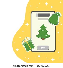 Vector illustration Happy New Year 2022. Celebrating Merry Christmas Sale Online Cell Phone Shopping Purchase Ordering for delivery Gift Christmas tree. Winter holiday. Festive Shop online from home
