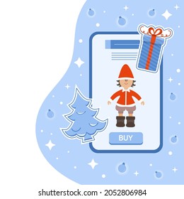 Vector illustration Happy New Year 2022. Celebrating Merry Christmas Sale Online Cell Phone Shopping Purchase Ordering for delivery Gift Christmas tree. Winter holiday. Festive Shop online from home