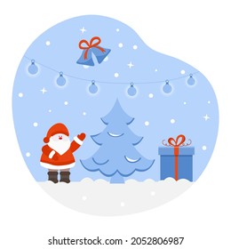 Vector illustration Happy New Year 2022. Celebrating Merry Christmas. Christmas tree. Santa Claus. Winter holiday. Festive background. Gift Garland Bulb