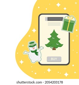 Vector illustration Happy New Year 2022. Celebrating Merry Christmas Sale Online Cell Phone Shopping Purchase Ordering for delivery Gift Christmas tree. Winter holiday. Festive Shop online from home