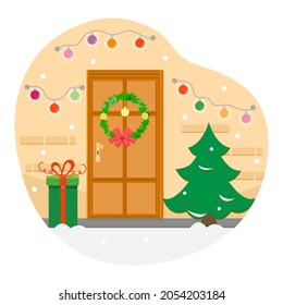 Ilustración vectorial Feliz Año Nuevo 2022. Celebrando Feliz Navidad. Árbol de Navidad. Decoración casera. Casa, puerta principal decorada para las vacaciones de invierno. Regalo. Bombilla de Garland de Navidad festiva