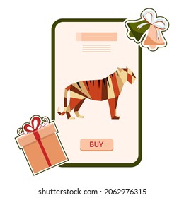 Ilustración del vector Feliz Año Nuevo 2022 Celebración Feliz Navidad Venta de teléfono celular Comprar Entrega de pedidos Festividad Tienda en línea desde casa Vacaciones de invierno tigre de origen
