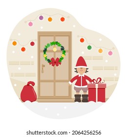 Vector illustration Happy New Year 2022. Celebrating Merry Christmas. Christmas tree. Elf Home decor. House, front door decorated for the winter holiday. Gift Festive Christmas wreath Garland Bulb