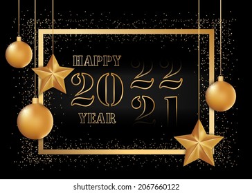 Imagen vectorial de Feliz Año Nuevo 2020 con bolas de Navidad y estrellas en un marco dorado sobre un fondo negro. Transición 2021 a 2022.