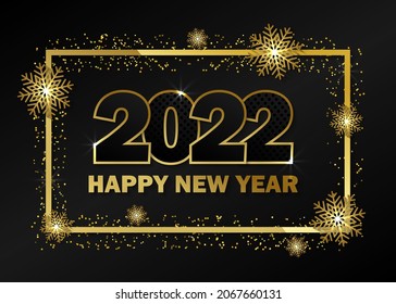 Ilustración vectorial Diseño Feliz Año Nuevo en un fondo negro con copos de nieve dorados y 2022.