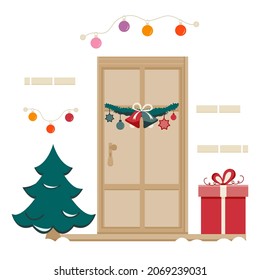 Vector illustration Happy New Year 2022. Celebrating Merry Christmas. Christmas tree. Home decor. House, front door decorated for the winter holiday. Gift. Festive 
Garland Bulb Bell