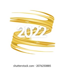 Vector illustration: Happy New Year.  Number of 2022 with twisted gold colored paint stroke shape. 