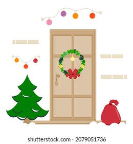 Vector illustration Happy New Year 2022. Celebrating Merry Christmas. Christmas tree. Home decor. House, front door decorated for winter holiday. Gift. Festive Christmas wreath Garland Bulb