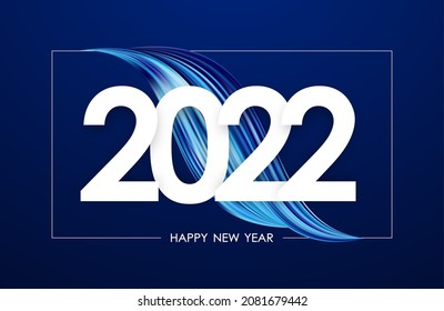 Vector illustration: Happy New Year 2021. Greeting card with blue abstract twisted acrylic paint stroke shape. 