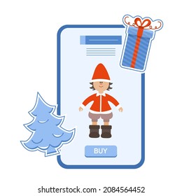 Ilustración vectorial Feliz Año Nuevo 2022. Celebración Feliz Navidad Venta en línea de teléfonos celulares Compra de compras Pedidos de entrega de regalo Árbol de Navidad Tienda Elf Festive en línea desde casa Vacaciones de invierno