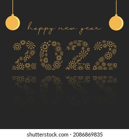 Ilustración vectorial del feliz año nuevo 2022, color amarillo dorado y bombilla brillante. Números hechos de fuegos artificiales.