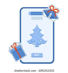 Vector illustration Happy New Year 2022 Celebrating Merry Christmas Sale Online Cell Phone Shopping Purchase Ordering for delivery Gift Christmas tree Bell Winter holiday Festive Shop online from home