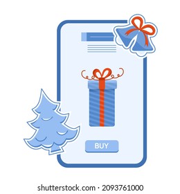 Vector illustration Happy New Year 2022 Celebrating Merry Christmas Sale Online Cell Phone Shopping Purchase Ordering for delivery Gift Christmas tree Bell Winter holiday Festive Shop online from home