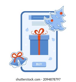 Vector illustration Happy New Year 2022 Celebrating Merry Christmas Sale Online Cell Phone Shopping Purchase Ordering for delivery Gift Christmas tree Bell Winter holiday Festive Shop online from home