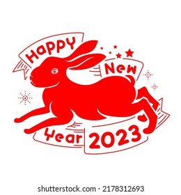 Vector illustration of Happy New Year 2023 design with bunny cartoon for greeting card, poster, calendar. Chinese new year of the rabbit zodiac sign.