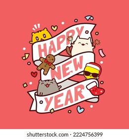vector illustration of happy new year greetings in kawaii style