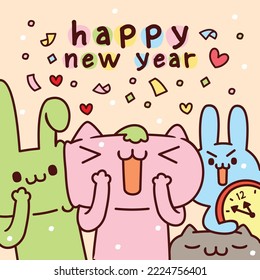 vector illustration of happy new year greetings in kawaii style