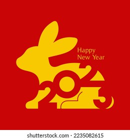 Vector illustration of Happy new year 2023. Year of the rabbit. Yellow rabbit silhouette on red background.