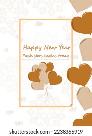 Vector illustration of Happy New Year greeting card. copper and dessert sand color heart shape balloons and mandala art decorated on white color background.happy new year massage written in the middle