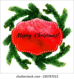 Vector Illustration Happy New Year Xmas Fir Card for Design, Website, Background Banner. Watercolor Merry Christmas Tree Frame Template