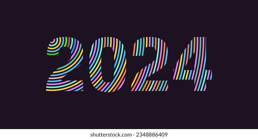 Vector illustration Happy new year 2024 with colorful lines stripes 