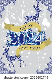 Vector illustration of Happy New year  cards with New Year tree, reindeers, snowflakes, floral frames and backgrounds design. Modern universal artistic templates. social media,party,hotel,count down.