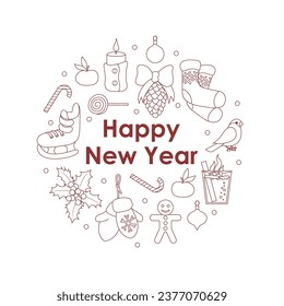 Ilustración vectorial con un feliz año nuevo, doodle de invierno