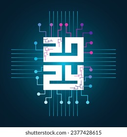 Vector illustration happy new year concept technology with neon light line art