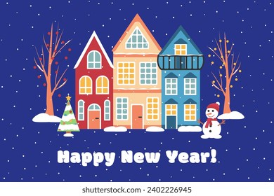 Vector illustration. Happy New Year card template. Scandinavian houses are colorful