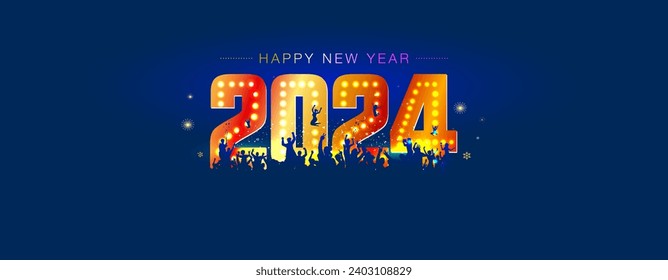 Vector illustration of "Happy new year" 2024 Creative concept. New year eve night, fun, neon "party" and "celebration" background.