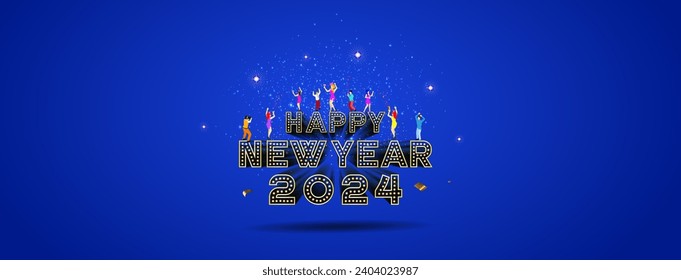 Vector illustration of "Happy new year" 2024 "celebration". Group People cheering and celebrating 2024 "party" poster.