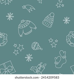 Vector illustration. Happy New Year and Merry Christmas backgraund with hand-drawn New Year and Christmas symbols in sketch style. Festive pattern for textiles, wallpaper, packaging, wrapping paper.