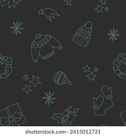 Vector illustration. Happy New Year and Merry Christmas backgraund with hand-drawn New Year and Christmas symbols in sketch style. Festive pattern for textiles, wallpaper, packaging, wrapping paper.