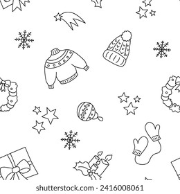 Vector illustration. Happy New Year and Merry Christmas backgraund with hand-drawn New Year and Christmas symbols in sketch style. Festive pattern for textiles, wallpaper, packaging, wrapping paper.