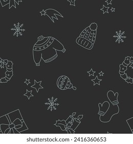 Ilustración vectorial. Feliz Año Nuevo y Feliz Navidad de fondo con símbolos de Año Nuevo dibujados a mano y Navidad en estilo de sketch. Patrón festivo para textiles, papel pintado, embalaje, papel de embalaje.