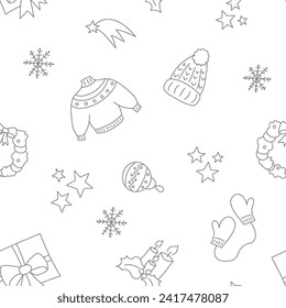 Ilustración vectorial. Feliz Año Nuevo y Feliz Navidad de fondo con símbolos de Año Nuevo dibujados a mano y Navidad en estilo de sketch. Patrón festivo para textiles, papel pintado, embalaje, papel de embalaje.