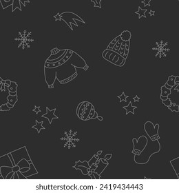 Vector illustration. Happy New Year and Merry Christmas backgraund with hand-drawn New Year and Christmas symbols in sketch style. Festive pattern for textiles, wallpaper, packaging, wrapping paper.
