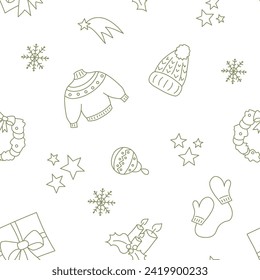 Vector illustration. Happy New Year and Merry Christmas backgraund with hand-drawn New Year and Christmas symbols in sketch style. Festive pattern for textiles, wallpaper, packaging, wrapping paper.