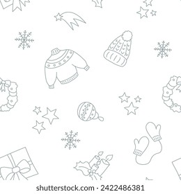 Vector illustration. Happy New Year and Merry Christmas backgraund with hand-drawn New Year and Christmas symbols in sketch style. Festive pattern for textiles, wallpaper, packaging, wrapping paper.