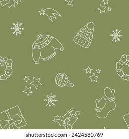 Vector illustration. Happy New Year and Merry Christmas backgraund with hand-drawn New Year and Christmas symbols in sketch style. Festive pattern for textiles, wallpaper, packaging, wrapping paper.