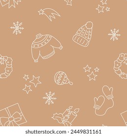 Ilustración vectorial. Fondo de Feliz Año Nuevo y Feliz Navidad con símbolos dibujados a mano del Año Nuevo y Navidades en estilo boceto. Patrón festivo para textiles, Fondo de pantalla, embalaje, papel de embalaje.