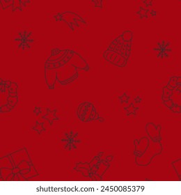 Vector illustration. Happy New Year and Merry Christmas backgraund with hand-drawn New Year and Christmas symbols in sketch style. Festive pattern for textiles, wallpaper, packaging, wrapping paper.