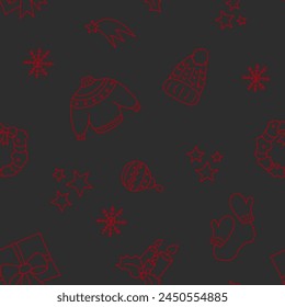 Vector illustration. Happy New Year and Merry Christmas backgraund with hand-drawn New Year and Christmas symbols in sketch style. Festive pattern for textiles, wallpaper, packaging, wrapping paper.
