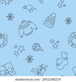 Vector illustration. Happy New Year and Merry Christmas backgraund with hand-drawn New Year and Christmas symbols in sketch style. Festive pattern for textiles, wallpaper, packaging, wrapping paper.