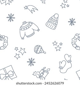 Vector illustration. Happy New Year and Merry Christmas backgraund with hand-drawn New Year and Christmas symbols in sketch style. Festive pattern for textiles, wallpaper, packaging, wrapping paper.